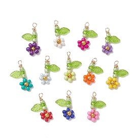 12Pcs Handmade Loom Pattern Seed Beads, with Acrylic Leaf Charms, Flower