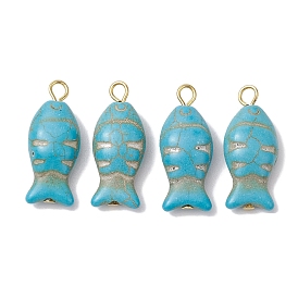 Synthetic Turquoise Pendants, Fish Charms with Golden Plated Iron Loops