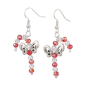 Christmas Bowknot Candy Cane Electroplated Glass Bead & Alloy Dangle Earrings, Platinum Tone Brass Jewelry for Women