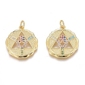 Brass Micro Pave Colorful Cubic Zirconia Pendants, Long-Lasting Plated, With Jump Rings, Flat Round with Triangle and Hamsa Hand