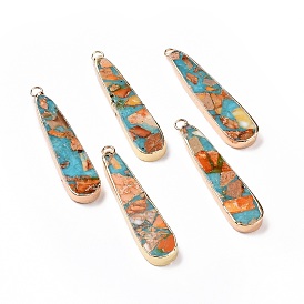 Dyed Natural Imperial Jasper Pendants, Teardrop Charms, with Brass Findings