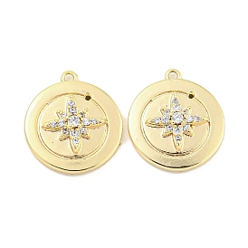 Brass Micro Pave Clear Cubic Zirconia Charms, Flat Round with Star