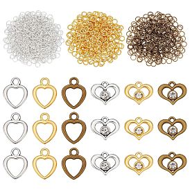 SUPERFINDINGS 60Pcs 6 Style Heart Alloy Pendants, with Rhinestone, with 60G Iron Open Jump Rings