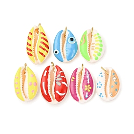 Кулоны с натуральными ракушками каури с принтом, подвески в форме ракушки с эмалью и 304 соединительными кольцами из нержавеющей стали, без кадмия, без никеля и без свинца, золотые