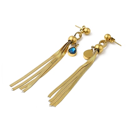 Rhinestone Long Dangle Stud Earrings, Golden Titanium Steel Chains Tassel Earrings