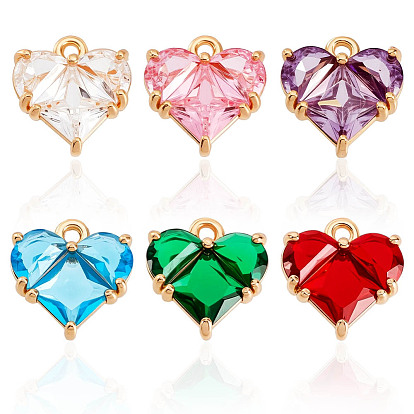 6 шт. 6 цвета латунь паве кубические цирконии подвески в форме сердца, золотые