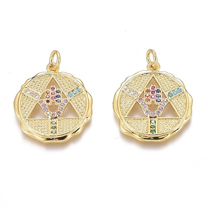 Brass Micro Pave Colorful Cubic Zirconia Pendants, Long-Lasting Plated, With Jump Rings, Flat Round with Triangle and Hamsa Hand