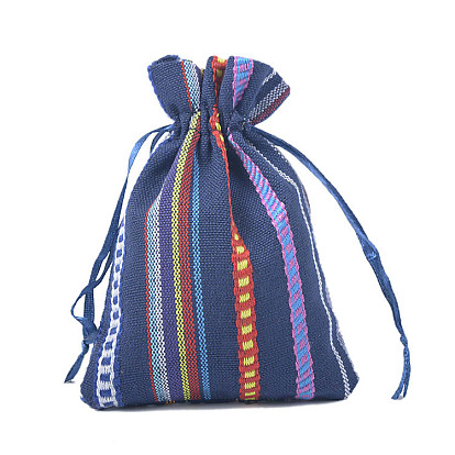 Linenette Drawstring Bags, Rectangle with Stripe Pattern