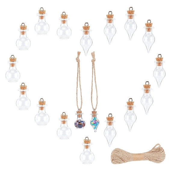 Empty Glass Wishing Bottle Pendants, with Jute Twine