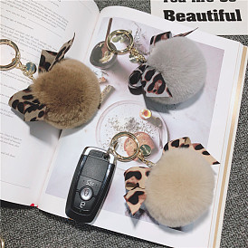 Leopard Print Bow Fur Ball Keychain for Women, Cute DIY Bag Charm Pendant