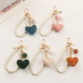 Plush Love Heart Pendant Decorations, Plastic Imitation Pearl Chain Keychain Ornaments