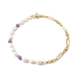 Natural Gemstone & Baroque Pearl Beads Beaded Necklaces, with Brass Paperclip Chains