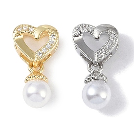 Rack Plating Brass Micro Pave CLear Cubic Zirconia Pendants, with Plastic Imitation Pearl Beads, Cadmium Free & Lead Free, Long-Lasting Plated, Heart