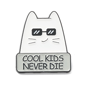Word Cool Kids Never Die Alloy Brooch, Cat with Sunglasses Lapel Pin for Backpack Clothes, Electrophoresis Black