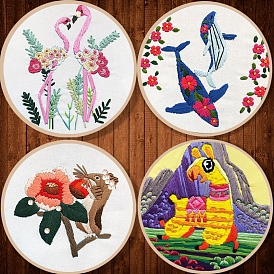 Animal Theme Squirrel/Flamingo/Whale/Alpaca Pattern DIY Embroidery Kits for Beginner, Including Printed Fabric, Embroidery Thread & Needles & Hoop, Instruction