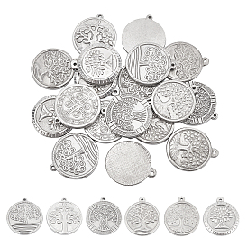 24 pcs 6 style 304 pendentifs en acier inoxydable, plat et circulaire avec arbre de vie