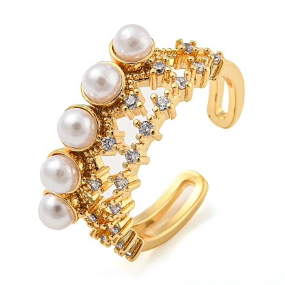 Brass Micro Pave Cubic Zirconia Open Finger Ring, with Plastic Imitation Pearl, Cadmium Free & Lead Free, Long-Lasting Plated