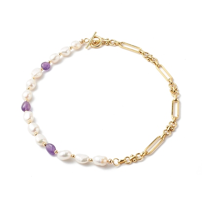 Natural Gemstone & Baroque Pearl Beads Beaded Necklaces, with Brass Paperclip Chains