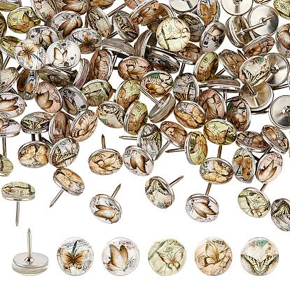 100Pcs Iron Drawing Pins, with Glass, Butterfly, Platinum
