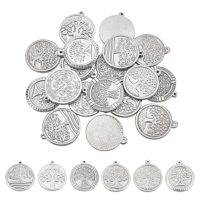 24 pcs 6 style 304 pendentifs en acier inoxydable, plat et circulaire avec arbre de vie