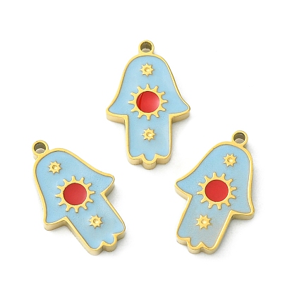 304 Stainless Steel Manual Polishing Charms, with Enamel, Hamsa Hand/Hand of Miriam with Sun