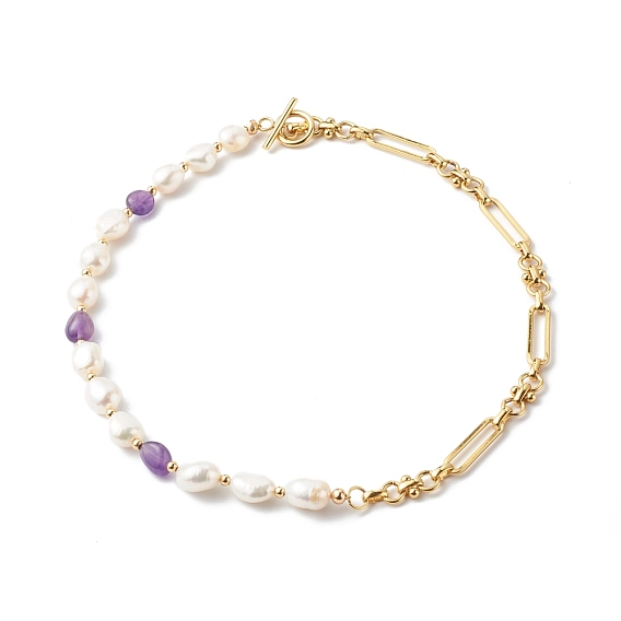 Natural Gemstone & Baroque Pearl Beads Beaded Necklaces, with Brass Paperclip Chains
