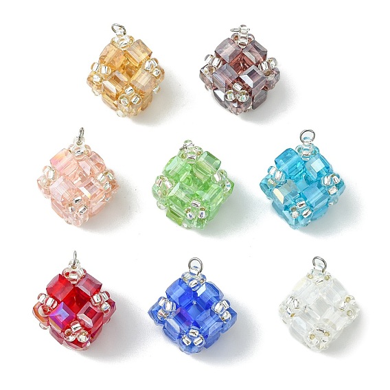 Glass Pendants, Cube Charm, with 304 Stainless Steel Open Jump Rings & GLass Seed Beads, Faceted