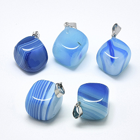 Natural Banded Agate/Striped Agate Pendants, Dyed, with Stainless Steel Snap On Bails, Cube, Stainless Steel Color