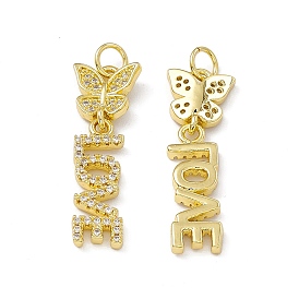 Rack Plating Brass Micro Pave Cubic Zirconia Pendants, with Jump Ring Cadmium Free & Lead Free, Long-Lasting Plated, Butterfly with Word Love Charm