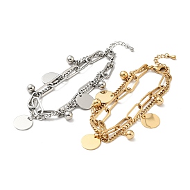 Flat Round and Round Ball Charm Multi-strand Bracelet, 304 Stainless Steel Double Layered Chains Bracelet for Women