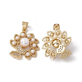 Brass Micro Pave Cubic Zirconia Pendants, with ABS Imitation Pearl, Flower with Butterfly Charm
