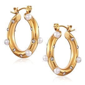 Shell Pearl Hoop Earrings with Cubic Zirconia, 430 Stainless Steel Half Hoop Earrings for Women
