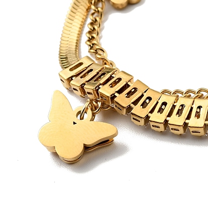 Bracelet double couche à maillons rectangulaires en verre et breloque papillon, placage ionique (ip) 304 bracelet multi-rangs chaînes en acier inoxydable pour femme