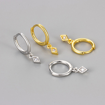 Серьги-кольца из латуни с прозрачными кубическими циркониями, ромб