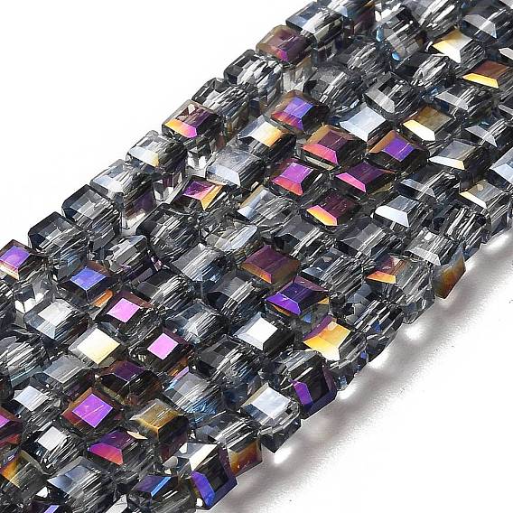 Electroplate Glass Beads Strands, Half Plated, Faceted Cube