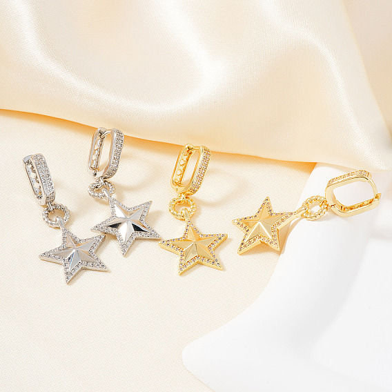 Элегантные серьги-кольца из латуни с прозрачным кубическим цирконием в форме звезды