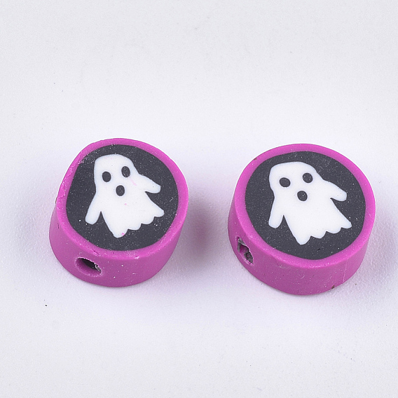 Halloween Theme Handmade Polymer Clay Beads, Flat Round with Ghost
