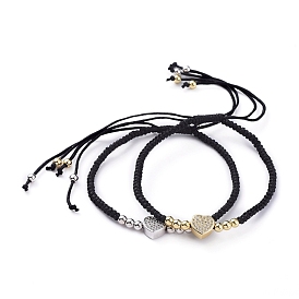 Heart Adjustable Brass Nylon Thread Braided Bracelets, with Micro Pave Cubic Zirconia, clear