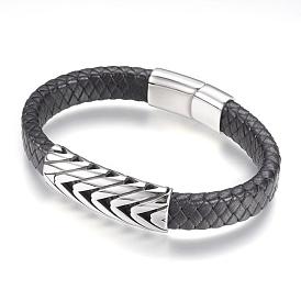 Leather Cord Bracelets, with 304 Stainless Steel Findings and Magnetic Clasps, Rectangle