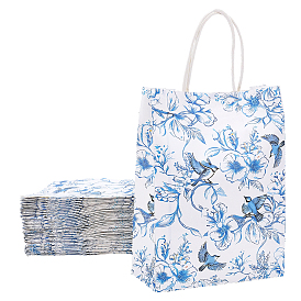 32Pcs Flower Bird Printed Paper Bags with Handles, Gift Tote Bags, Blue and White