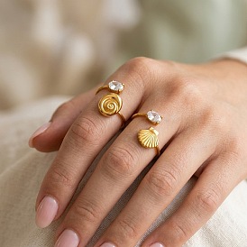 Ocean 304 Stainless Steel & Cubic Zirconia Cuff Open Rings, Shell Shape/Conch Shape