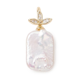 Подвески из натурального барочного жемчуга кеши, Прямоугольные подвески с латунным микропаве в виде листа из прозрачного кубического циркония, белые