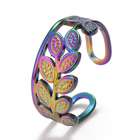 Rainbow Color Ion Plating(IP) 304 Stainless Steel Leaf Wrap Open Cuff Ring for Women