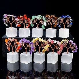 Natural Gemstone Chips Tree of Life Decorations, Natural Selenite Cube Base Copper Wire Feng Shui Energy Stone Gift for Women Men Meditation