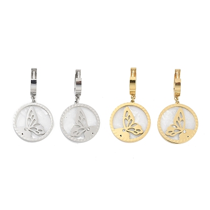 Left and Right Flat Round with Butterfly 304 Stainless Steel Shell Dangle Earrings, Rhinestone Hoop Earrings for Women