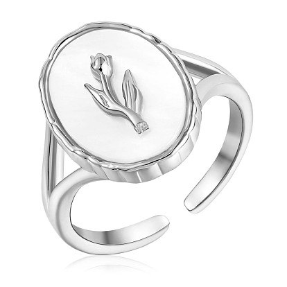 925 Sterling Silver Oval with Tulips Open Cuff Ring, Natural Shell Chunky Finger Ring for Women