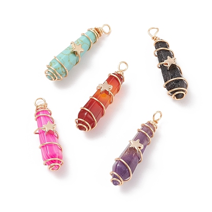 Natural & Synthetic Mixed Stone Pointed Pendants, with Real 18K Gold Plated Tone Copper Wire Wrapped and Brass Beads, Bullet Charm, Mixed Dyed and Undyed
