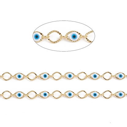 Handmade Brass Oval Link Chains, with Evil Eye Plastic Beads and Spool, Soldered, Long-Lasting Plated