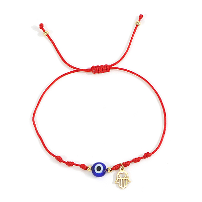 Handmade Adjustable Blue Evil Eye Glass Braided Bead Bracelets with Stainless Steel Religion Hamsa Hand for Women, Golden