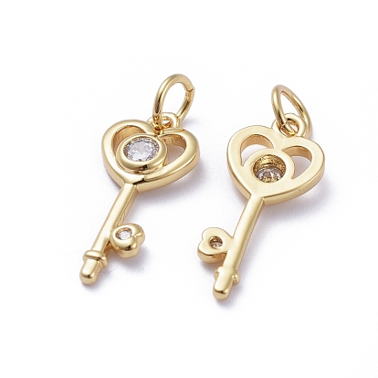 Brass Micro Pave Cubic Zirconia Pendants, with Jump Rings, Long-Lasting Plated, Heart Key